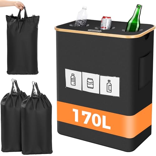 OUSFOT Pfandflaschen Sammelbehälter, 170L Schwarz Pfandflaschen 3 Fächer Leergut Sammelbehälter Pfandflaschen Behälter Geeignet für Küche von OUSFOT