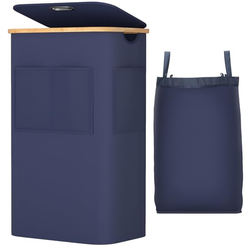 OUSFOT Wäschekorb mit Deckel 105L, Wäschesammler mit Griffen aus Bambus, Laundry Basket Wasserdicht aus 600D-Oxford-Stoff mit Abnehmbarem Wäschesack, Fronttasche, für Waschküche Schlafzimmer, Blau von OUSFOT