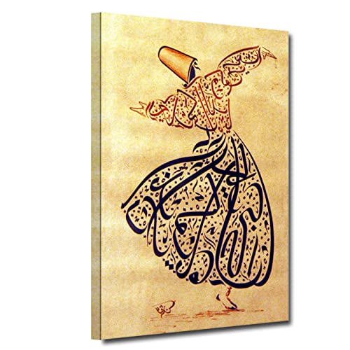 Arabische Kalligraphie Vintage Wand Kunst Leinwand Malerei Bilder Schlafzimmer Accessoires Sufi Tanz Kunstwerk Druck für Galerie Dekor 90x60cm Innenrahmen von OUSHION ART