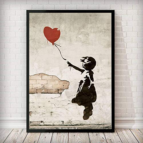 Banksy Mädchen mit Ballon Wandkunst Leinwand Poster und Drucke Moderne Pop Leinwand Malerei Graffiti Street Art Poster für Schlafzimmer Dekor 90x60cm Rahmenlos von OUSHION ART