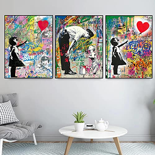 Banksy Modern Street Art Leinwand Gemälde Jungen Schlafzimmer Dekor Graffiti Kunst Dekoratives Wandbild Abstraktes Poster und Drucke Wohnkultur 80 x 60 cm x 3 Stück Innenrahmen von OUSHION ART