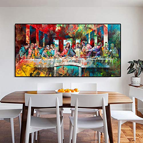 Da Vinci's Das letzte Abendmahl Bunte Leinwand Gemälde Berühmte Poster und Drucke Graffiti Street Art Cuadros Wandkunst Bild Raumdekoration 80 x 160 cm Innenrahmen von OUSHION ART