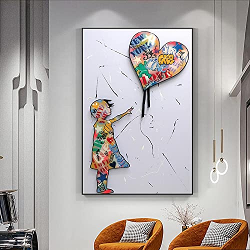 Das Mädchen mit Herz Ballon Banksy Graffiti Street Art Leinwand Gemälde Abstrakte Poster und Drucke Modernes Bild für Wohnzimmer Dekor 120x70cm Rahmenlos von OUSHION ART