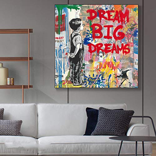 Dream Big Dream Graffiti Art Leinwand Gemälde Moderne Büroeinrichtung Banksy Wandkunst Poster und Drucke Moderne Street Art Bilder 90 x 90 cm Innenrahmen von OUSHION ART