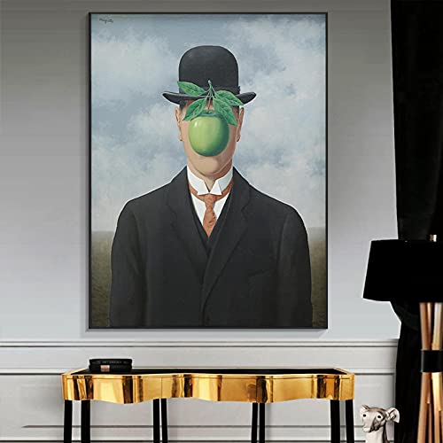 Gentleman Wear Schwarzer Hut, Grüner Apfel, Rene Magritte, Surrealismus, Leinwandposter, Schlafzimmerdekoration, moderne abstrakte Leinwand, Wandkunst, Bardekoration, 90 x 60 cm Innenrahmen von OUSHION ART