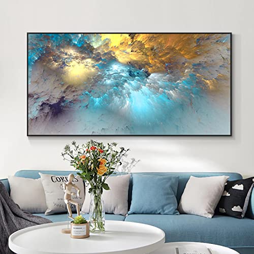 Gold Blaue Wolke Abstrakte Kunst Leinwand Gemälde Natürliche Wolken Landschaft Poster und Drucke Moderne Kunst Unabhängiges Wandbild 75 x 150 cm Innenrahmen von OUSHION ART