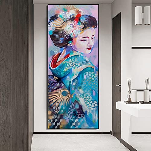 Japanische Frau Charakter Kunst Leinwand Malerei Wandkunst Retro Orientalisch Blau Tuch Poster Buntes Bild Wohnkultur 120x40cm Innenrahmen von OUSHION ART