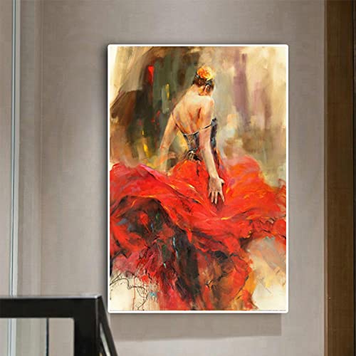 Leinwand Gemälde Vintage Roter Rock Mädchen Kunst Poster und Drucke Spanische Flamenco Schönheit Tänzerin Wandkunst Bild Bürodekor 100x70cm Rahmenlos von OUSHION ART