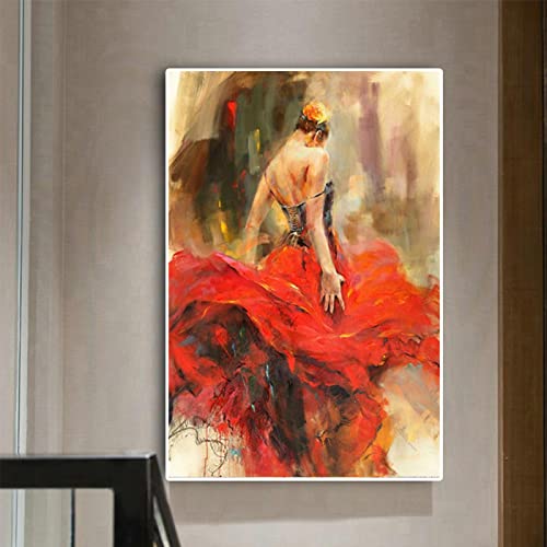 Leinwand Gemälde Vintage Roter Rock Mädchen Kunst Poster und Drucke Spanische Flamenco Schönheit Tänzerin Wandkunst Bild Bürodekor 70x50cm Rahmenlos von OUSHION ART