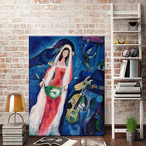 Marc Chagall Vintage Blau Surrealismus Leinwand Wand Kunst Gemälde Braut Abstrakte Tier Poster für Wohnzimmer Wohnkultur 100x70cm Innenrahmen von OUSHION ART