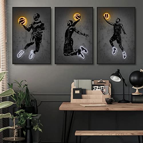 Neon Basketball Sport Leinwand Gemälde Fußball Kunst Gym Wanddekor Graffiti Beton Wandbild für Wohnzimmer Jungen Schlafzimmer Dekor 55x40cmx3pcs Innenrahmen von OUSHION ART