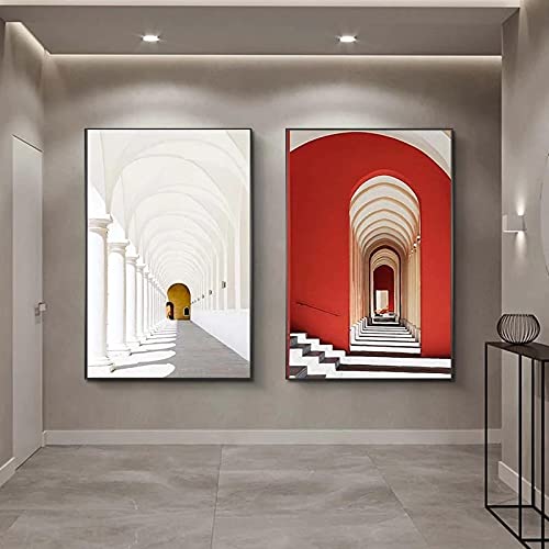 Nordic Abstract Building Church Canvas Painting Office Decor Morden White and Red Arch Poster and Prints Wall Art Pictures 100x70cmx2pcs Innenrahmen von OUSHION ART