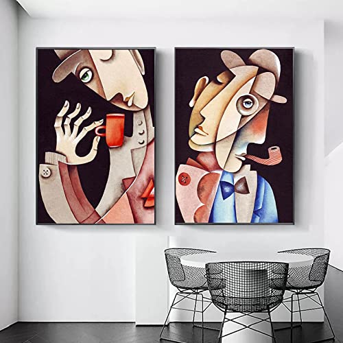 OUSHION ART Abstrakte Figur Picasso Frau trinkt Kaffee Poster und Drucke Wandkunst Café Wanddekoration Modernes Bild auf Leinwand für Raumdekoration 75 x 50 cm x 2 Stück Innenrahmen von OUSHION ART