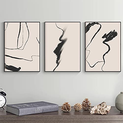 OUSHION ART Abstraktes Leinwandbild, minimalistisch, beige und schwarz, Strichzeichnung, moderne Malerei, Kunstdrucke, Wandbild für Wohnzimmer, Heimdekoration, 60 x 80 cm x 3 Stück, rahmenlos von OUSHION ART