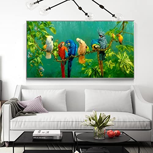 OUSHION ART Bauernhaus Dekor Grünes Blatt Laub Bunte Papageien Kunstwerk Leinwand Bilder Tierpflanze Poster und Drucke für Galerie Dekor 70x140cm Innenrahmen von OUSHION ART