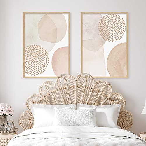 OUSHION ART Boho Abstrakte kreisförmige geometrische Punktleinwand Poster Moderne Beige Braune Wandkunst Leinwand Bilder für Wohnzimmer Wohnkultur 45x30cmx2pcs Innenrahmen von OUSHION ART