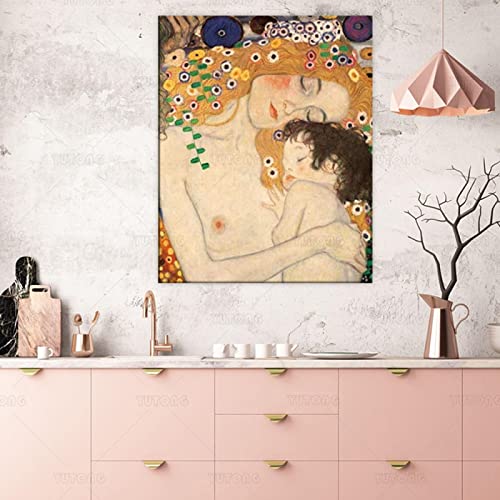 OUSHION ART Gustav Klimt Mutter Kind Liebe Leinwand Poster Wandkunst Raumdekor Goldener Hintergrund Retro Leinwanddrucke Schlafzimmerdekor 105x70cm Rahmenlos von OUSHION ART