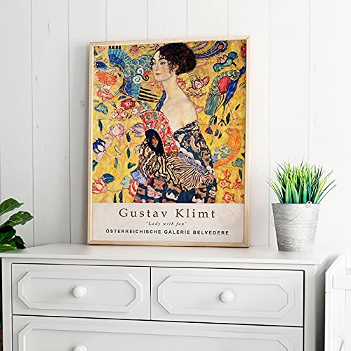 OUSHION ART Gustav Klimt Vintage Classic Schöne Dame Leinwand Drucke Kunstwerk Abstrakte Blumenpfau Pfau Wandbilder für Kaffeebar Dekor 65x50cm Innenrahmen von OUSHION ART