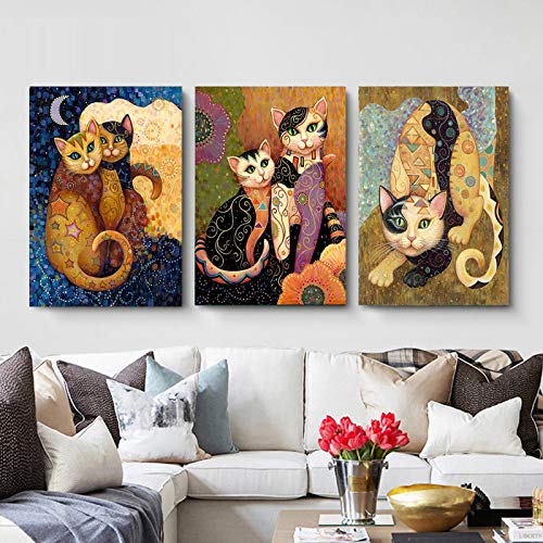 OUSHION ART HD-Druck Klimt Katzen auf Leinwand, Kinderzimmerdekoration, abstrakte Tierposter, Leinwandmalerei, moderne Wohnkultur, Wandkunst, süßes Bild, 40 x 30 cm x 3 Stück Innenrahmen von OUSHION ART