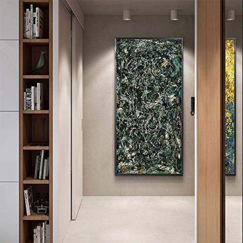 OUSHION ART Leinwand Malerei Drucke Jackson Pollock Moderne Wanddekoration Abstrakte grüne und schwarze Linie Kunstwerk Poster Bild für Wohnzimmer 150x75cm Innenrahmen von OUSHION ART