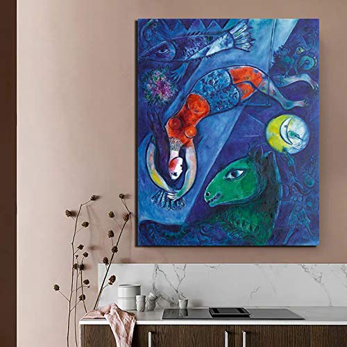 OUSHION ART Marc Chagall Der blaue Zirkus Frau Haus Fisch Leinwand Poster Moderner Surrealismus Wandkunst Gemälde Bilder für Home Office Dekor 91x70cm Innenrahmen von OUSHION ART