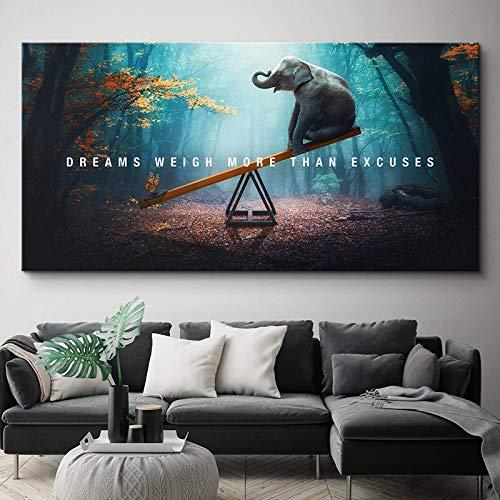 OUSHION ART Motivierendes Zitat mit Tieren auf Leinwand, Traum, wiegen mehr als Ausreden, Bauernhaus, Wanddekor, Elefant, Wippe, Leinwand, 50 x 100 cm, Innenrahmen von OUSHION ART