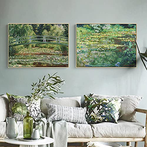 OUSHION ART Naturlandschaft Leinwand Gemälde Monet japanische Brücke Seerose Poster und Drucke Impressionismus Leinwand Wandkunst Bürodekor 40 x 60 cm x 2 Stück Innenrahmen von OUSHION ART