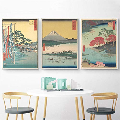 OUSHION ART Vintage japanische Landschaftsposter Gemälde Bürodekoration Leinwandkunst Sonderstil Ukiyo-e Wandbilder für Schlafzimmer Raumdekoration 65 x 45 cm x 3 Stück Innenrahmen von OUSHION ART