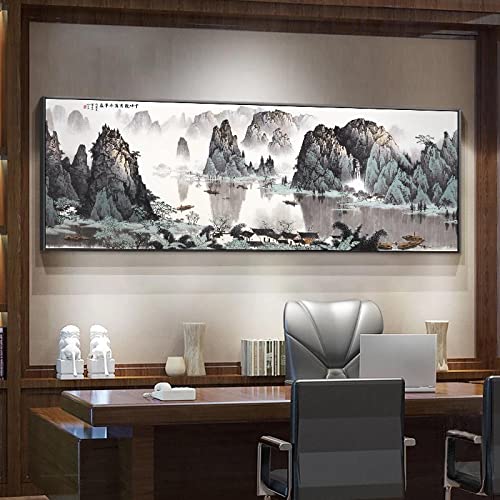 Traditonal Chinese Style Mountain and River Canvas Painting Hall for Office Living Room Home Decor Poster Print Wall Art Picture 30x90cm rahmenlos von OUSHION ART
