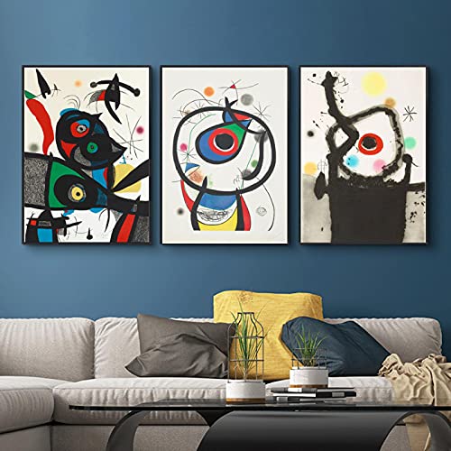Wohnzimmer Wohnkultur Leinwand Wandkunst Wandmalereien Drucke Moderne Kunst Abstrakt Juan Miro Artwork Schwarz-Weiß-Bilder 65 x 45 cm x 3 Stück Innenrahmen von OUSHION ART