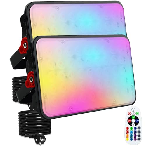 OUSIDE 2 Stück 100W RGB Strahler Outdoor mit Fernbedienung, IP66 Wasserdicht LED Strahler Bunt, 16 Farben, 4 Farbwechselmodi,Dimmbar von OUSIDE