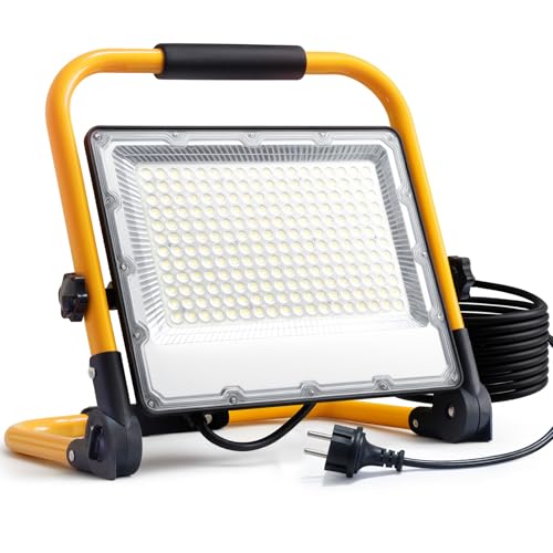 OUSIDE 200W LED Baustrahler mit Stativ und 4 Meter 3G 0,75 mm² VDE-Gummikabel, IP66 Wasserdichter Arbeitsscheinwerfer für Werkstatt,Wartung oder Baustelle, 6500K Kaltes Weißes Licht,20000 Lumen von OUSIDE