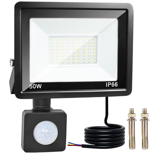 OUSIDE LED Strahler mit Bewegungsmelder Außen, 50W Outdoor Fluter IP66 Wasserdicht, 4300LM 6500K Kaltweiß Scheinwerfer Für Außenhöfe, Garage, Hauseingänge, Flure und Durchgänge von OUSIDE