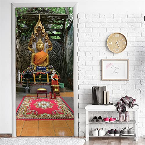 3D Tür Wandbild Aufkleber Für Schlafzimmer Wohnzimmer Kinder Selbstklebende Türaufkleber Goldene Buddha-Statue 77X200Cm Pvc Wasserdichte Abnehmbare Tür Tapete Art Home Dekoration von OUSIKA