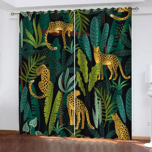 Abdunkelnde Vorhänge Mit Ösen Gardinen Wohnzimmer 140x200 Cm Verdunkelungsvorhang Ösenvorhang 2Er Set, Thermo Vorhang 3D Tropischer Dschungel-Leopard Blickdicht Schlafzimmer Gardinen Für Alle Fenste von OUSIKA