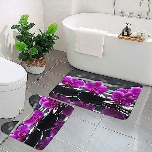 Badezimmerteppich-Set mit violettem Schmetterlings-Orchideen-Druck, 2-teilig, weiche Badematte und U-förmiger WC-Vorleger, rutschfest, saugfähig, Badteppich für Dusche, Badezimmer von OUSIKA