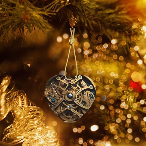 Coole Steampunk-Zahnräder Weihnachtsschmuck Herzform Keramik Weihnachten Hängende Ornament Weihnachtsbaum Dekoration Keramik Ornament für Xmas Decor Home Office Geschenkideen von OUSIKA