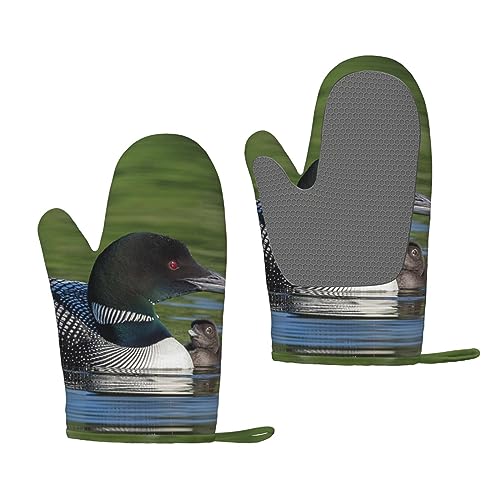 Loon Nature Vogel Silikon Ofenhandschuhe Hitzebeständige rutschfeste BBQ Handschuhe Küchenhandschuhe zum Kochen Backen Grillen 1 Paar von OUSIKA