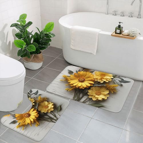 OUSIKA Badteppich-Set, flach, gelber Blumen, weich, saugfähig, Mikrofaser, U-förmiger WC-Vorleger, rutschfeste Badematten für Badezimmer-Fußmatten, 2-teilig von OUSIKA