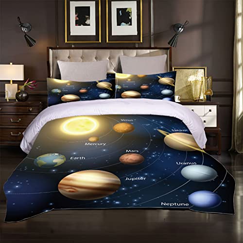 OUSIKA Bettwäsche Set 135X200 3 Teilig Mikrofaser Winter Bettbezug, 3D Planet Sonnensystem Druck Muster Bettbezüge Mit Reißverschluss Und 2 Kissenbezug 80X80Cm, Für Kinder Und Erwachsene von OUSIKA