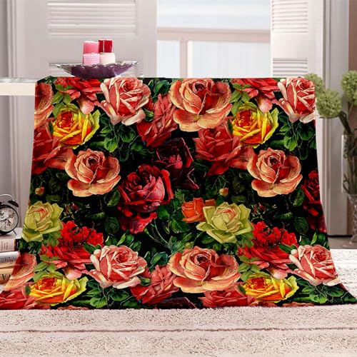 OUSIKA Decken Fiir Sofa 3D Rote Rosen Blumen Decke Flanell, Kuscheldecke Wohndecke Tagesdecke Decke 180x220Cm Sherpa-Decke Für Couch, Superweiche Decke Sofadecke Für Erwachsene Und Kinder von OUSIKA