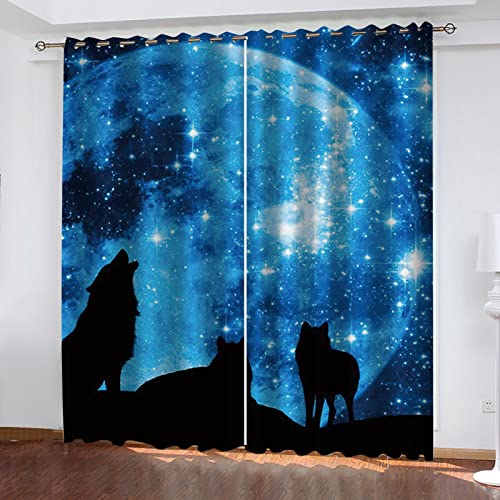 Vorhänge Blickdicht Ösen Kinderzimmer 3D Blauer Sternenhimmel Wolf Schlafzimmer Vorhänge Fenster Modern 200x160 Cm Vorhang Verdunkelung Polyester 2Er Set, Wohnzimmer Gardinen Verdunkelungsvorhänge von OUSIKA