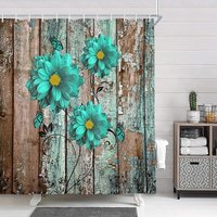 Rustikaler blaugrüner Duschvorhang mit Blumenmuster, modernes Duschvorhang-Set aus Bauernhausstoff, türkisblaue Blume auf grauen Holzvorhängen, Rustikaler blaugrüner Duschvorhang mit Blumenmuster, modernes Duschvorhang-Set aus Bauernhausstoff, türkisblaue Blume auf grauen Holzvorhängen, von OUSUDELA