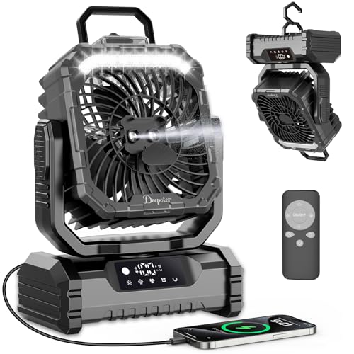 Camping Ventilator 20000mAh, Wiederaufladbarer Tischventilator USB Ventilator mit LED Licht & Haken, 270° Drehung mit Fernbedienung, Misting Fan für Outdoor, Zelt, Grillen, Strand - Schwarz Camping Ventilator 20000mAh, Wiederaufladbarer Tischventilator USB Ventilator mit LED Licht & Haken, 270° Drehung mit Fernbedienung, Misting Fan für Outdoor, Zelt, Grillen, Strand - Schwarz von OUTACT
