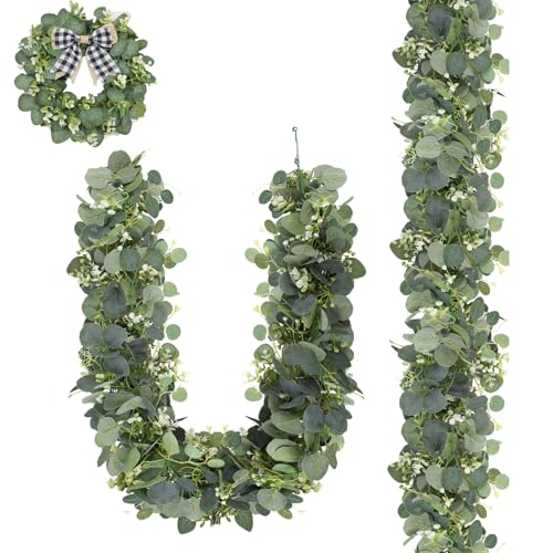 Künstliche Girlanden Eukalyptus, 2 Stück 1,8m Hängend Grüne Blätter Deko, Eukalyptus Deko mit Weidenblättern, Künstliche Girlande Grün Pflanze, mit Blumen, für Hochzeiten Partys, Türrahmen, Treppen von OUTALIZ