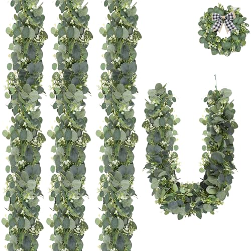 Künstliche Girlanden Eukalyptus, 4 Stück 1,8m Grüne Blätter Girlande mit Weiß Blumen, Eukalyptus Deko mit Weidenblättern, Hängepflanze Künstliche Eukalyptuss, für Hochzeitsstrauß, Türrahmen Künstliche Girlanden Eukalyptus, 4 Stück 1,8m Grüne Blätter Girlande mit Weiß Blumen, Eukalyptus Deko mit Weidenblättern, Hängepflanze Künstliche Eukalyptuss, für Hochzeitsstrauß, Türrahmen von OUTALIZ