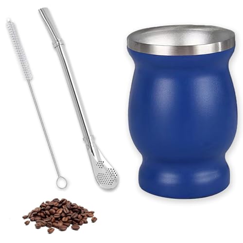 Mate Teebecher Set,Matebecher Edelstahl Doppelwand Isolier Design, 260ml Mate Tee Set, mit Strohhalmlöffel und Reinigungsbürste,Mate Strohhalm aus Edelstahl, für Mate Tee, Kaffee (Blau) von OUTALIZ