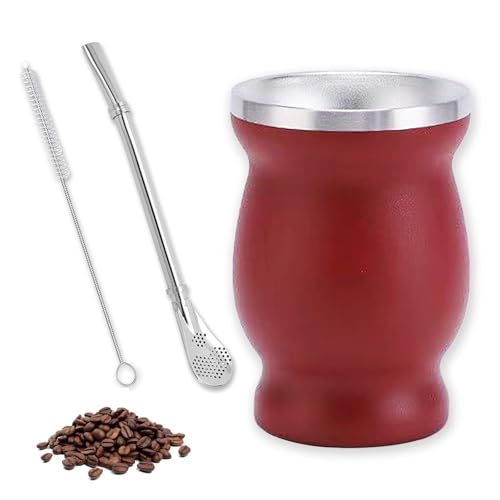 Mate Teebecher Set,Matebecher Edelstahl Doppelwand Isolier Design, 260ml Mate Tee Set, mit Strohhalmlöffel und Reinigungsbürste,Mate Strohhalm aus Edelstahl, für Mate Tee, Kaffee (Rot) von OUTALIZ