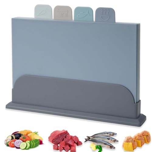 Schneidebret, 4 Stückschneidebrett Set, mit Ständer Schneidebrett Kunststoff, Klassifikation Schneidebrett, Schneidebrett Kunststoff Klein, Spülmaschinenfest, für Fisch Fleisch Gemüse Obst von OUTALIZ