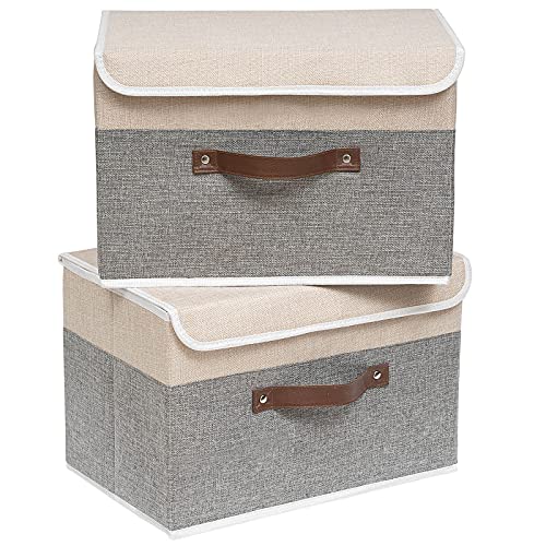 OUTBROS 2 Stück Aufbewahrungsboxen mit Deckel, 38 x 25 x 25 cm, faltbare Stoffboxen, Aufbewahrungskörbe, Organizer für Kleidung, Bücher, beige/grau ST02BGS2 von OUTBROS